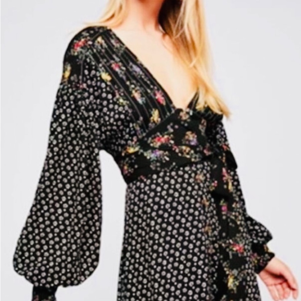 Free People Black Floral Mini Dress with Mixed Print